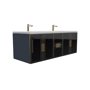Solaria 60 in. W x 22 in. D x 22 in. H Double Floating Bath Vanity in Blue with Gold Trim and White Solid Surface Top