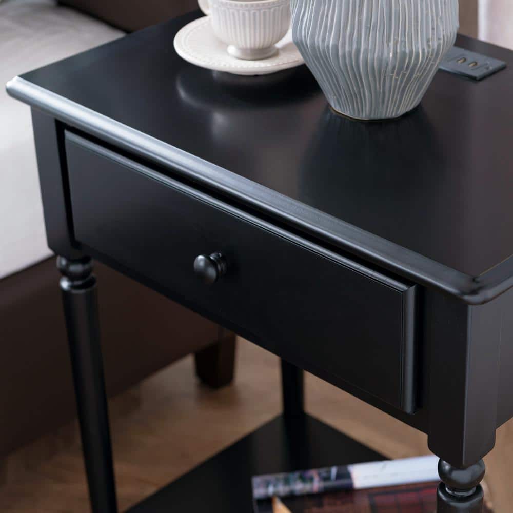 Swan Black Coastal 24" Solid Wood Nightstand with USB-C Charging