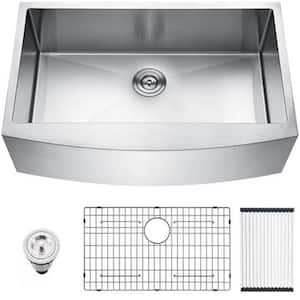 Brushed Nickel 16-Gauge Stainless Steel 33 in. Single Bowl Farmhouse Apron Workstation Kitchen Sink with Faucet