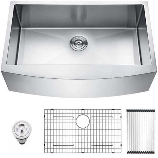 Unbranded Brushed Nickel 16-Gauge Stainless Steel 33 in. Single Bowl Farmhouse Apron Workstation Kitchen Sink with Faucet