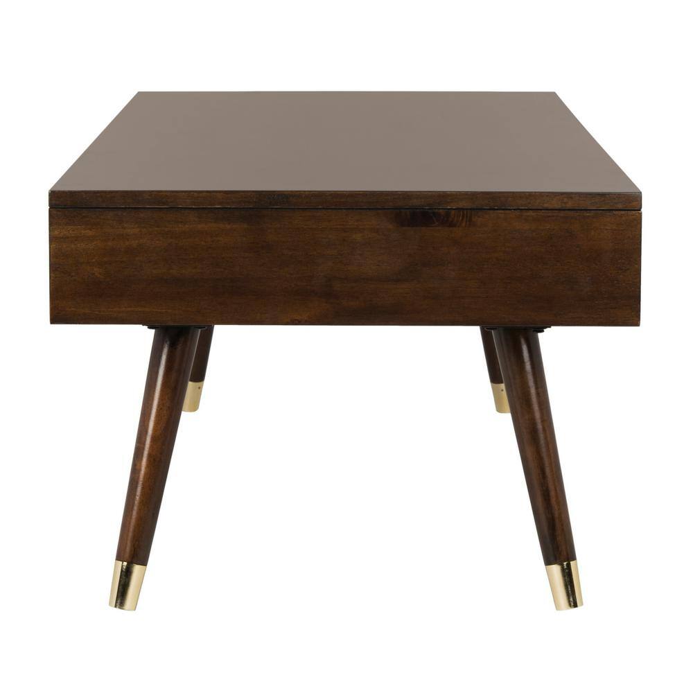Transitional Mid-Century 48" Brown Wood Coffee Table with Gold Caps