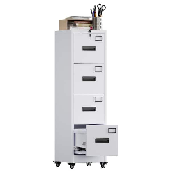 Hephastu 15 in. W x 54 in. H x 18 in. D 4-Drawers Vertical File Cabinet, Metal Lockable Freestanding Cabinet in White