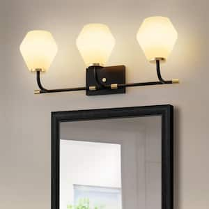 25 in. 3-Light Black Vanity Light with White Cone Frosted Glass Shades for Bathroom, Living Room, Entryway