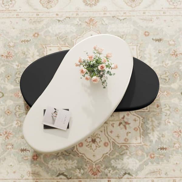 47.24 in. Beige & Black Oval Shape 2-Tier Rotating MDF Top Coffee Table