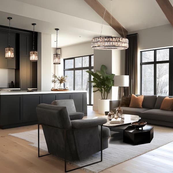 Modern Glam 8-Light Black Island Chandelier with Drum Crystal Glass Shade for Living Room Dining Room, LED Compatible