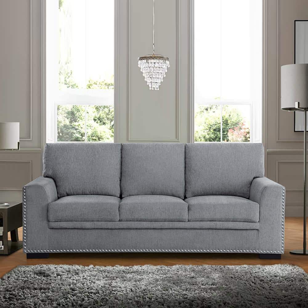 Morelia 84" Dark Gray Chenille Fabric Sofa with Nailhead Trim