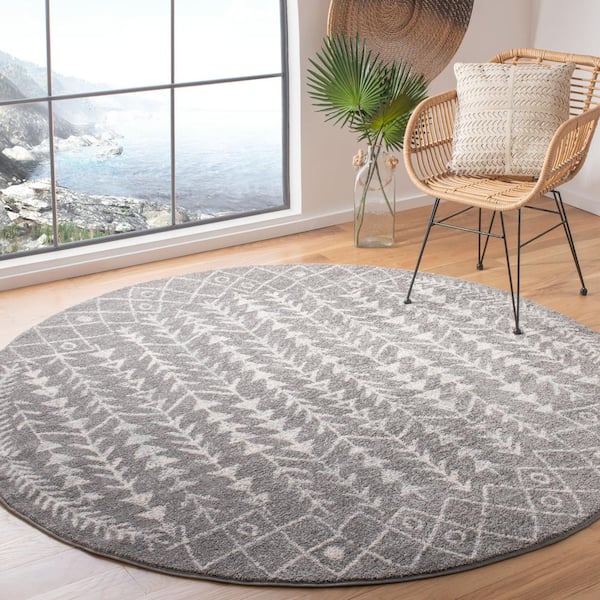 Tulum Dark Gray/Ivory 7 ft. x 7 ft. Round Tribal Diamonds Border Area Rug