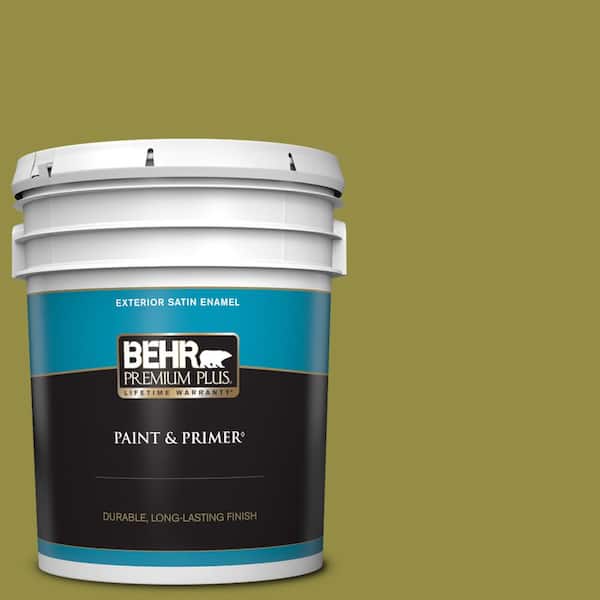 BEHR PREMIUM PLUS 5 gal. #PPU9-03 Retro Avocado Satin Enamel Exterior Paint & Primer