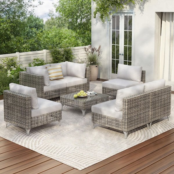 Unbranded 8-Piece Wicker Patio Conversation Set with Gray Cushions and 60,000 BTU 43 in. Fire Pit Table Outdoor Sectional Sofa Set