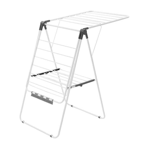 2-Tier Foldable Laundry Dryer Rack with 21 Drying Rods, Sock Clips, Metal Height-Adjustable, White