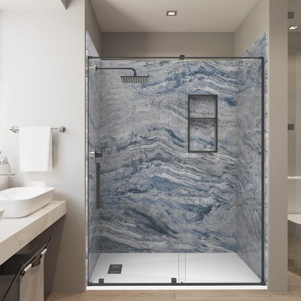 NacaradoBlue 36in. x 60in.x84in. Solid Composite Stone Alcove Shower Combo Kit Matching Matte Black Door,Niche and Drain