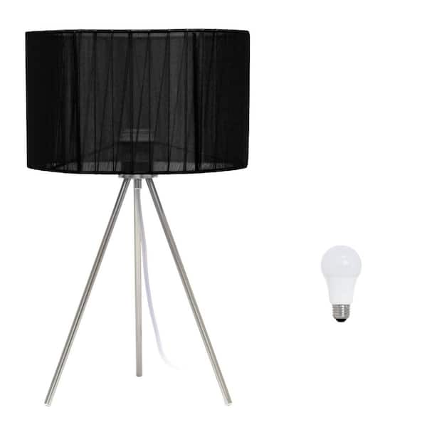 Simple Designs 19.69 in. Brushed Nickel Tripod Table Lamp and Pleated Silk Sheer Shade with LED Bulb Black