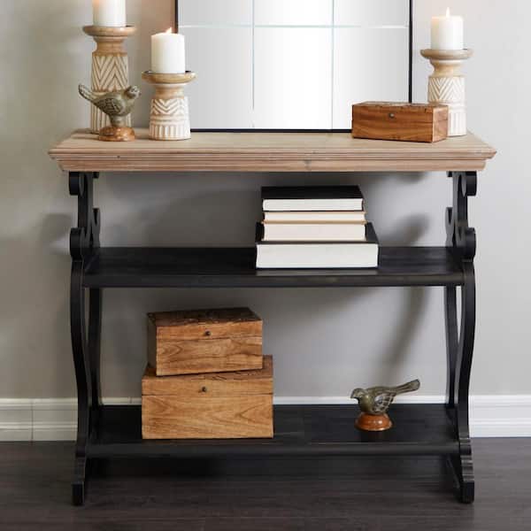 Litton Lane 38 in. Black Extra Large Rectangle Wood Scroll Side Frames 2 Shelves Console Table with Brown Wood Top