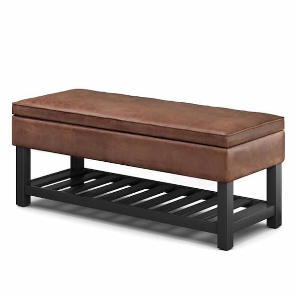 Transitional Storage Ottoman Bench, Faux Leather Benches