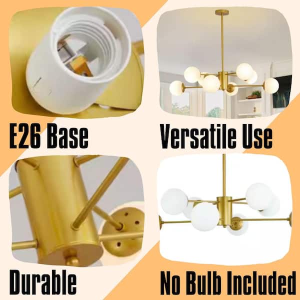 Modern Branching 8-Light Gold with White Glass Globe Mid-Century Chandelier for Living Dining with No Bulb