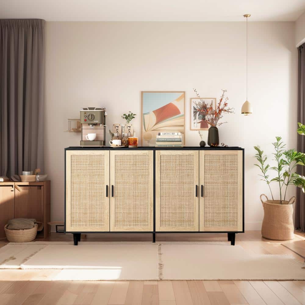 Black Particle Board and Rattan 4-Door Storage Cabinet with Adjustable Shelving