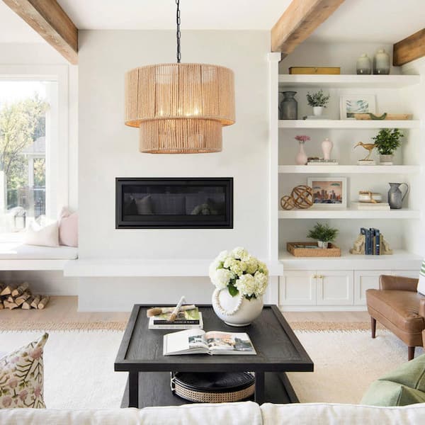5 Light Black Hemp Rope Bohemian Drum Chandelier for Living Room Dining Room Bedroom no bulbs included