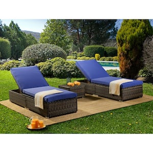 3-Piece Plastic Wicker Rattan Outdoor Chaise Lounge Chair Set with Blue Cushions