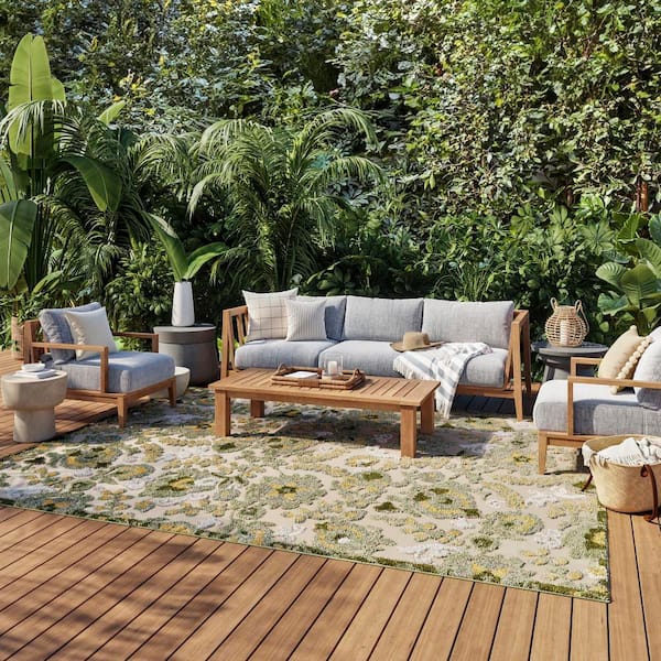 Aloha Ivory Green 6 ft. x 9 ft. Floral Contemporary Indoor/Outdoor Area Rug