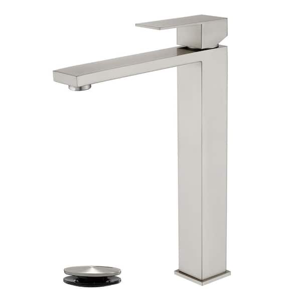FLG Single Handle Vessel Sink Faucet with Pop-Up Drain Modern 304-Stainless Steel Bathroom High Tall Taps in Brushed Nickel