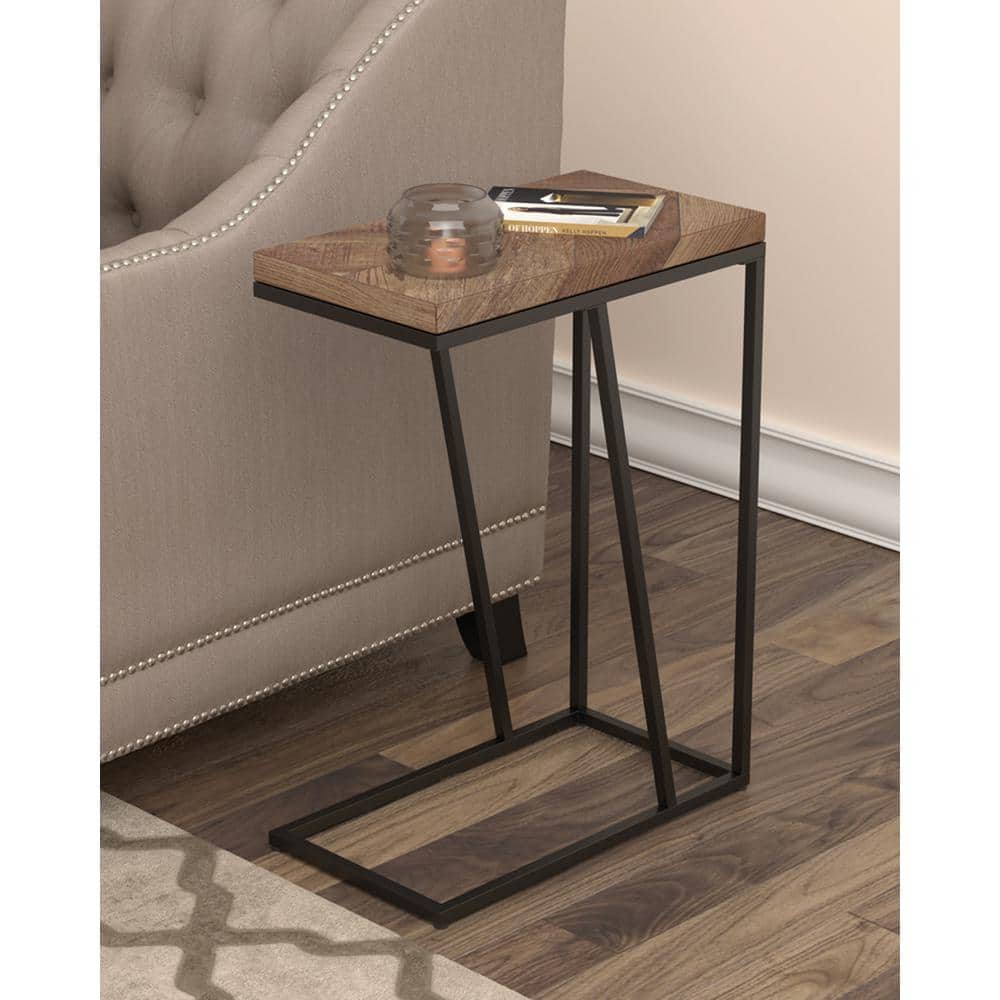 Rustic Tobacco Herringbone Wood Metal Accent Table