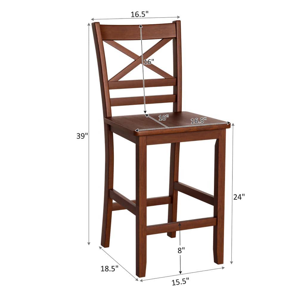 Antique Walnut 24'' Rubber Wood Counter Height Bar Stool Set