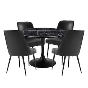 Colfax 5-Piece 45 in. Round Black Marble Table with 4-Black Upholstered Chairs