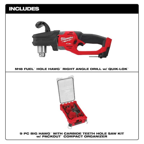 M18 FUEL 18V Lithium-Ion Brushless Cordless Hole Hawg 7/16 in. Right Angle Drill w/Quick-Lok w/9pc PACKOUT Hole Saw Kit