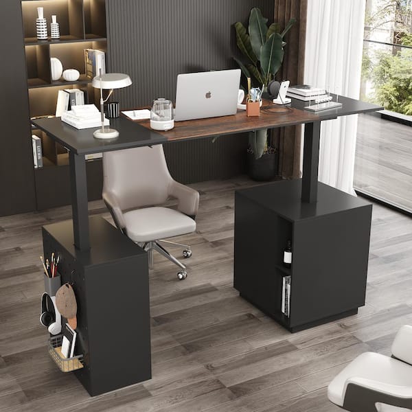 63 in. W U-Shaped Black Adjustable Height Desk Ergonomic Desk Workstation Home Office with Cabinet, Bookshelf, Perfboard