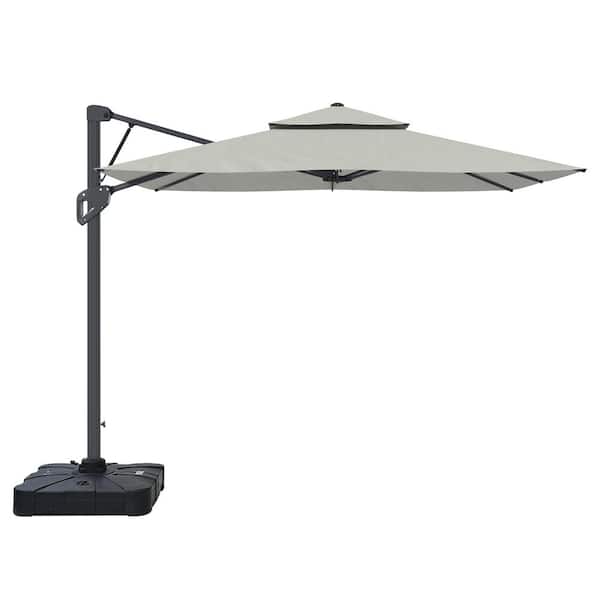 Clihome 10 ft. x 10 ft. Outdoor Pneumatic Lever Cantilever Umbrella Patio Umbrella in Gray with Umbrella Base