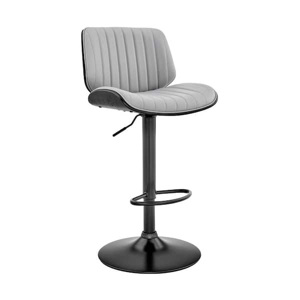 Armen Living Brock 24-33 Adjustable Height High Back Grey Faux Leather and Walnut Wood Bar Stool with Black Base