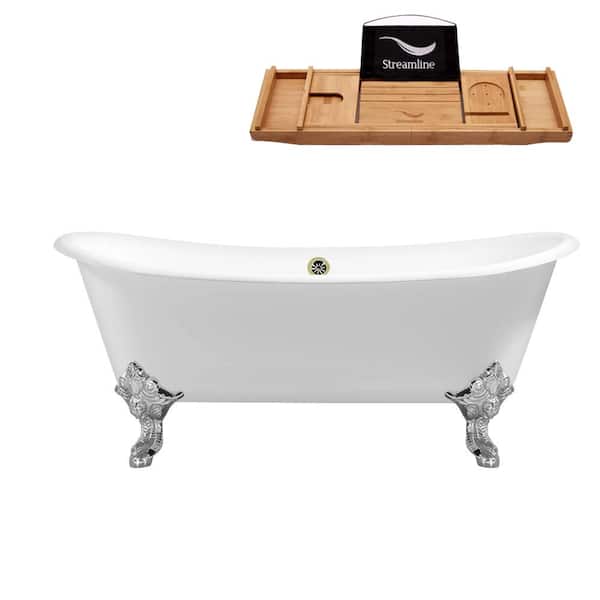 Streamline 72 in. Cast Iron Clawfoot Non-Whirlpool Bathtub in Glossy White with Brushed Nickel Drain and Polished Chrome Clawfeet