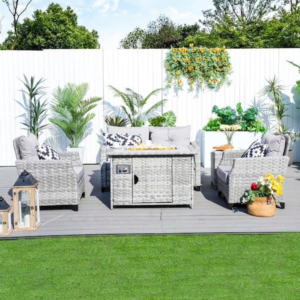 moda furnishings Julley Grey Frame 5-Piece Wicker Patio Conversation Set with Grey Cushions