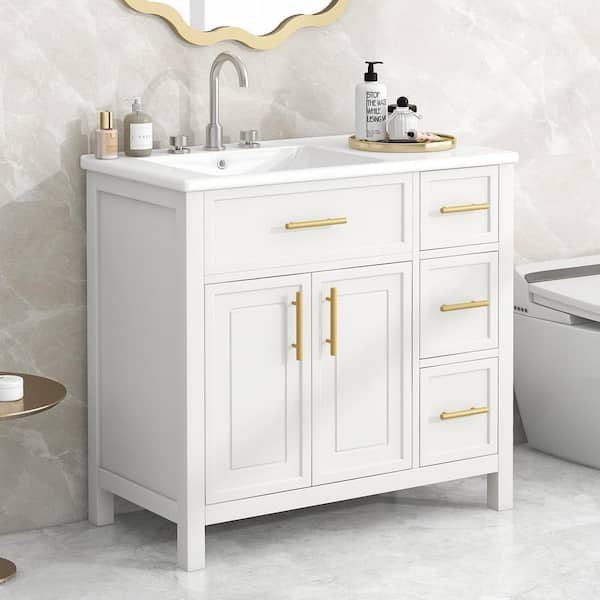 Staykiwi 36 in. W x 18 in. D x 34 in. H Freestanding Bath Vanity in White with White Ceramic Top