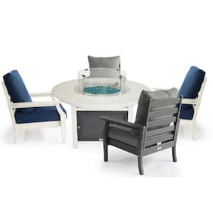 Vail 48 in. Two-Tone White Round Fire Pit, 5-Piece Plastic Patio Conversation Set with Two White-Two Gray Aspen Chairs