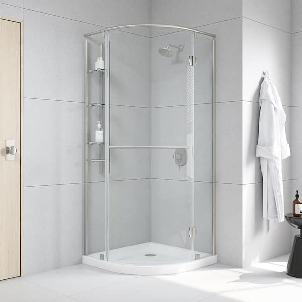 Glamour 32 in. x 73.90 in. Semi-Frameless Pivot Shower Door in Satin Nickel with 32 in. x 32 in. Base in White