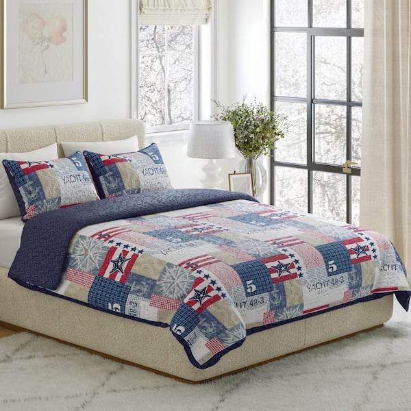 Lavish Home Patriotic Blue Striped and Plaid Queen Quilt