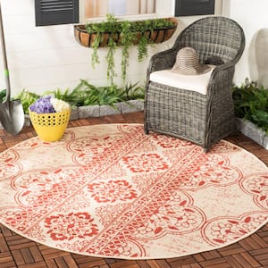 Beach House Red/Cream 4 ft. x 4 ft. Damask Floral Indoor/Outdoor Patio  Round Area Rug