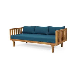 Lainey Teak Wood Outdoor Day Bed with Dark Teal Cushions