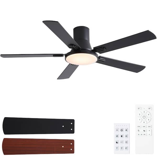 Thalion 52-in. Indoor/Outdoor Integrated LED Matte Black Ceiling Fan with Remote Control and Flush Mount for Bedroom