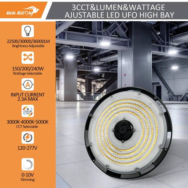 RUN BISON 12.6 in. 150/200/240-Watt Selectable Dimmable Integrated LED UFO High Bay Light with Motion Sensor, Preinstalled Hook