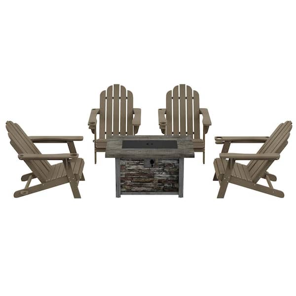 Clihome 5-Piece Set Outdoor Adirondack HDPE Material Plastic Brown Chair with 43.5 in. Composite Material Patio Fire Pit Table