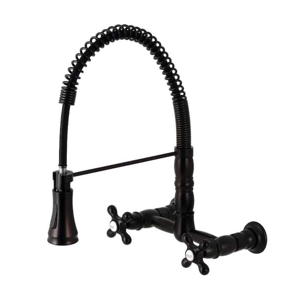 Kingston Brass Heritage Double Handle Wall Mount Pull Down Sprayer Kitchen Faucet in Oil Rubbed Bronze