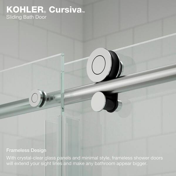 KOHLER Cursiva 44-48 in. W x 78 in. H Sliding Frameless Shower Door in Bright Polished Silver KOHLER Cursiva 44-48 in. W x 78 in. H Sliding Frameless Shower Door in Bright Polished Silver