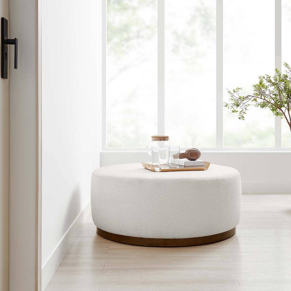 Tilden Large Round Off-White Boucle Upholstered Ottoman with Walnut Base
