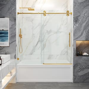 56-60.5 in. W x 66 in. H Single Sliding Frameless Smooth Sliding Tub Door in Brushed Gold with 3/8 in. Clear Glass