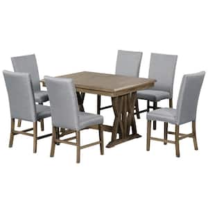 Golden Brown 7-Piece Rectangular MDF Top Extendable Dining Table Set Seats 6 with Nailhead Upholstered Chairs