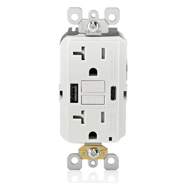 Leviton 20A SmartlockPro Self-Test GFCI Combination 24W (4. 8A) Type A/C USB In-Wall Charger Outlet, White
