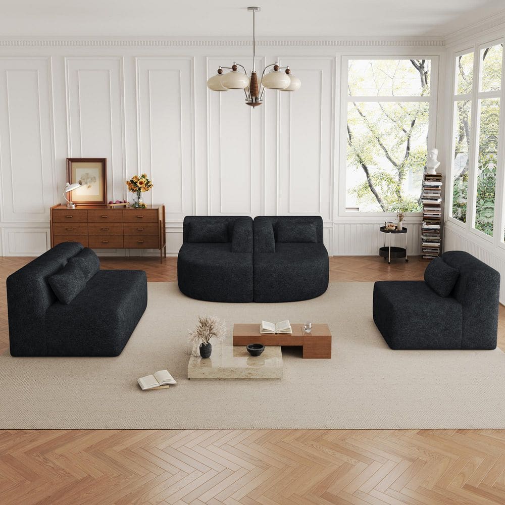 144 in. Upholstered Polyester Free-combined Sectional Sofa in Black with 2-