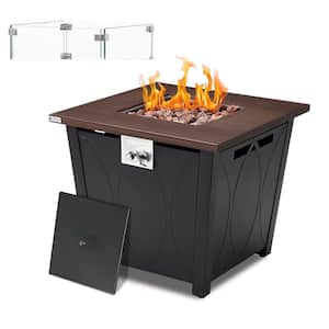 28 in. Black Metal 40,000 BTU Outdoor Propane Gas Fire Pit Table with Glass Wind Guard, Rain Cover, Lava Rocks